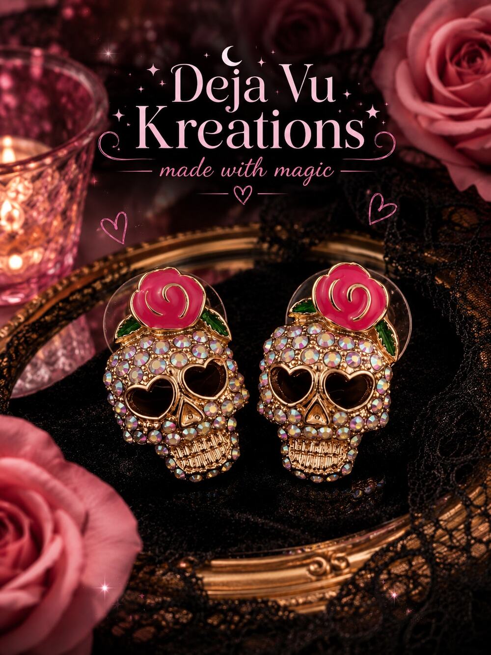 Gold Tone Rhinestone Sugar Skull Rose Stud Earrings